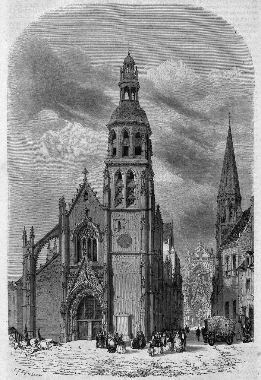 Exteriörvy av kyrkan Saint Martin (1400-1500-talet) i Vendome, Loir och Cher (41), innan dess rivning 1857. Gravyr av Therond i "" Le Magasin Picturesque"" av Emile Theodore Therond