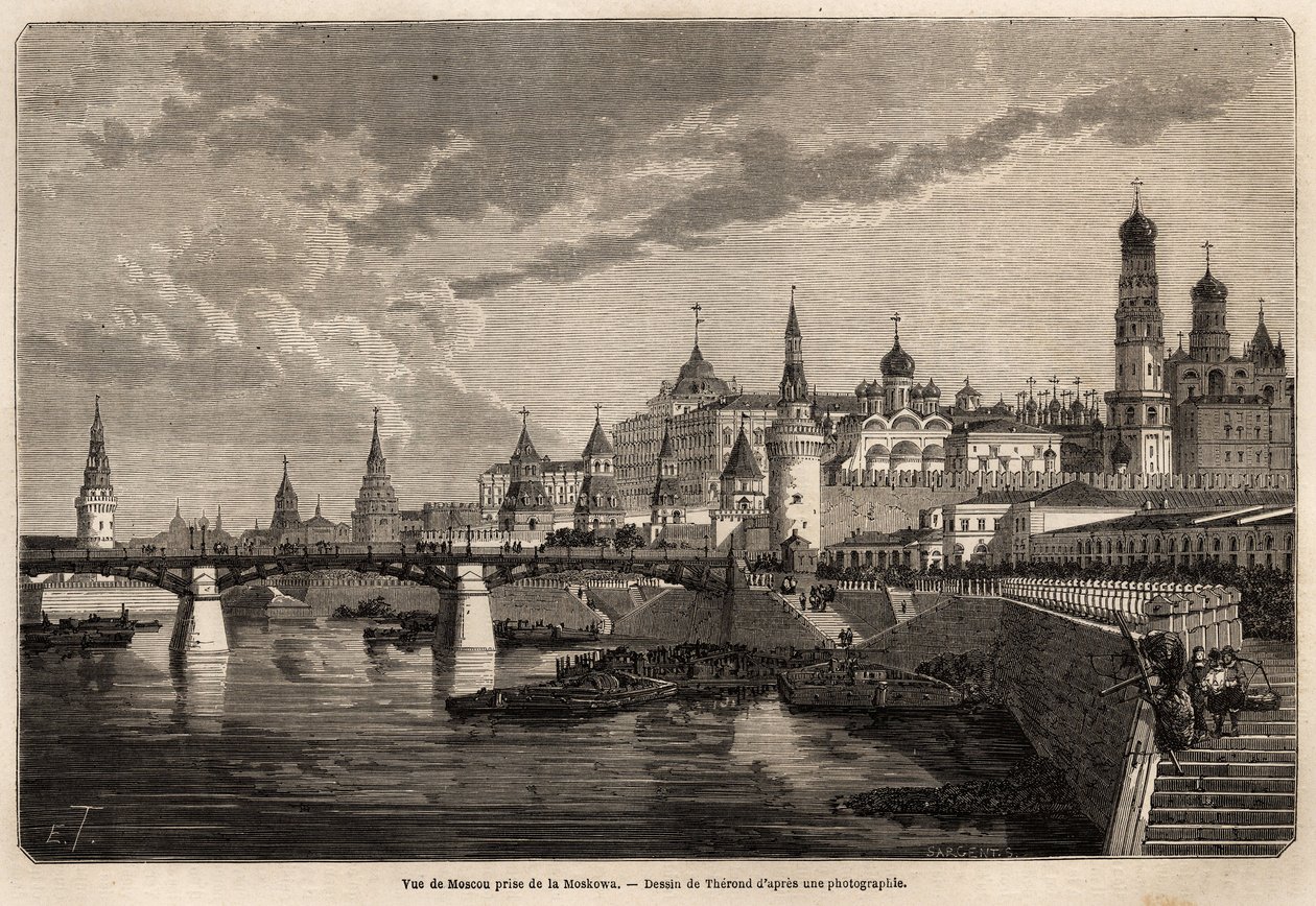 Översikt över Moskva, tagen från Moskowa, ritning av Therond, för att illustrera resan från Shanghai till Moskva, från 1859 till 1862, av M. de Bourboulon, Frankrikes minister till Kina. Gravyr i "" Le tour du monde", redigerad av Edouard Charton av Emile Theodore Therond