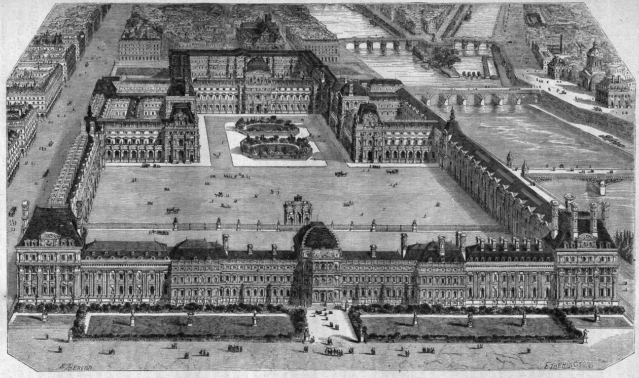 Översikt över Louvren i Paris, tagen från Tuilerierna av Emile Theodore Therond