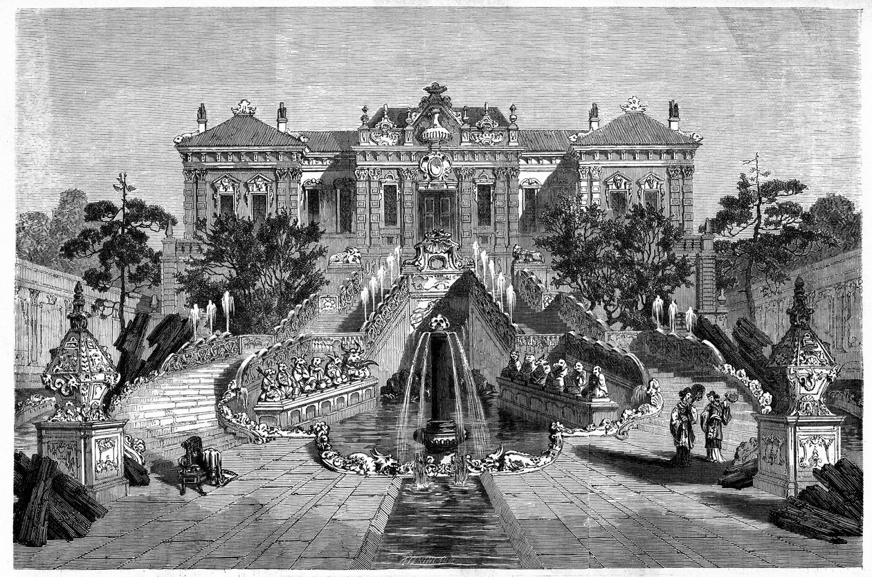 Haiyan Tang Pavilion har västerländsk arkitektur i Ete Palace i Pekin (Peking). Gravyr efter en teckning av Therond, i "" Le Tour du Monde, Nouveau journal des Voyages", redigerad av Edouard Charton, Paris av Emile Theodore Therond