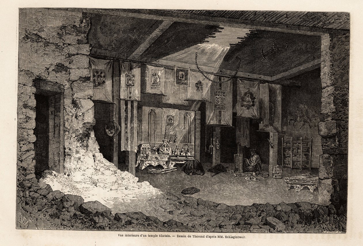 Invändig vy av ett tibetanskt tempel, ritning av Therond, för att illustrera sammanfattningen av det geografiska året 1862, av Vivien de Saint Martin. Gravyr i "" Le tour du monde"", redigerad av Edouard Charton av Emile Theodore Therond