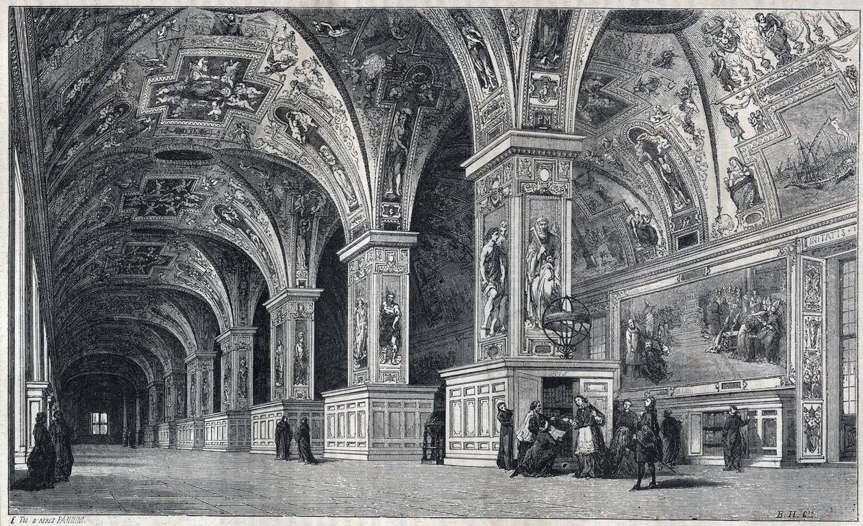 Invändig bild av Vatikanens bibliotek på 1700-talet. Gravyr av Therond efter teckning av Francois Pannini. av Emile Theodore Therond