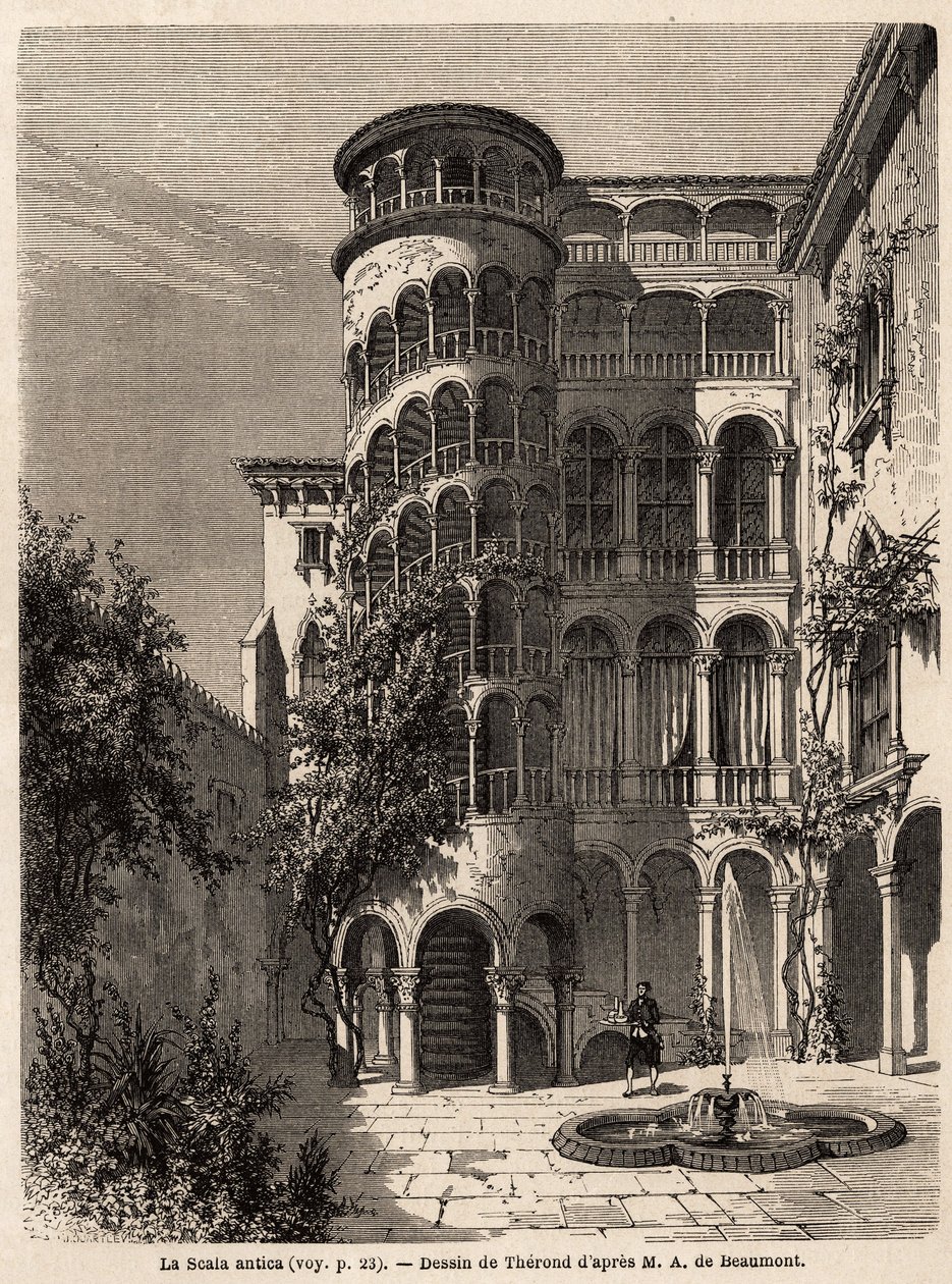 La Scala Antica, teckning av Therond, för att illustrera Adalbert de Beaumonts resa till Venedig, omkring 1850. Gravyr i "" Le tour du monde", redigerad av Edouard Charton av Emile Theodore Therond