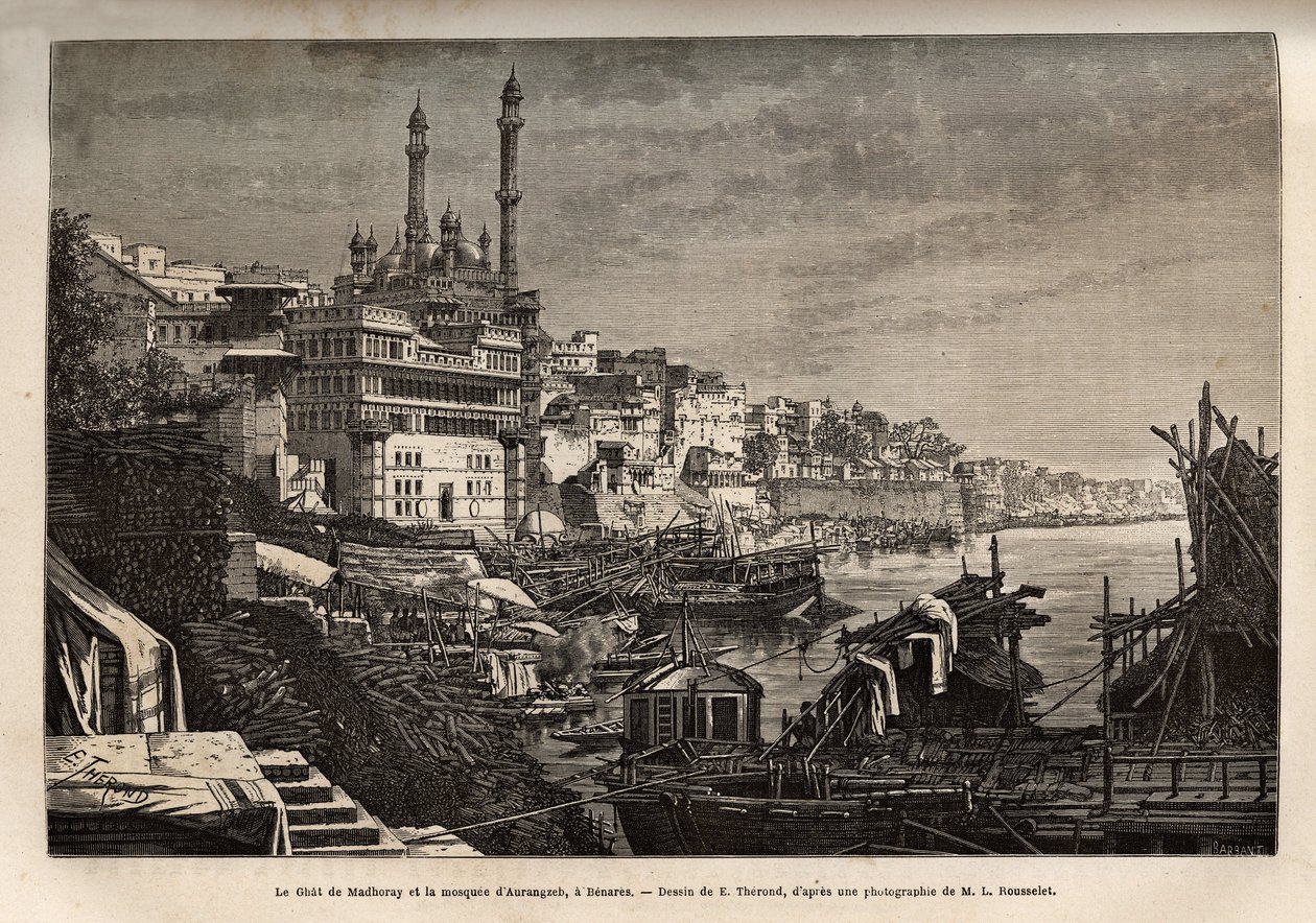Madhorays ghat (trappsteg som täcker en flods stränder som låter dig gå ner i kontakt med vatten) och Aurangzeb-moskén i Benares, graverad efter teckningen av E. Therond, som illustrerar Rajahernas resa till Indien, 1864-1868 , av Louis Ro av Emile Theodore Therond
