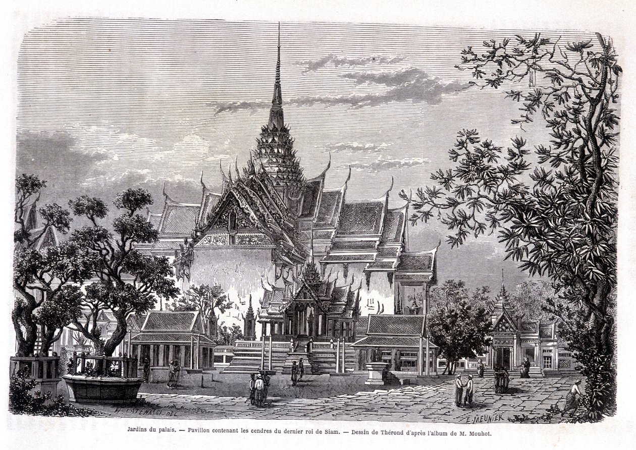 Slottsträdgård. Paviljong som innehåller askan från den siste kungen av Siam. Teckning av Thérond från M. Mouhots album. “Tour du monde” av Emile Theodore Therond