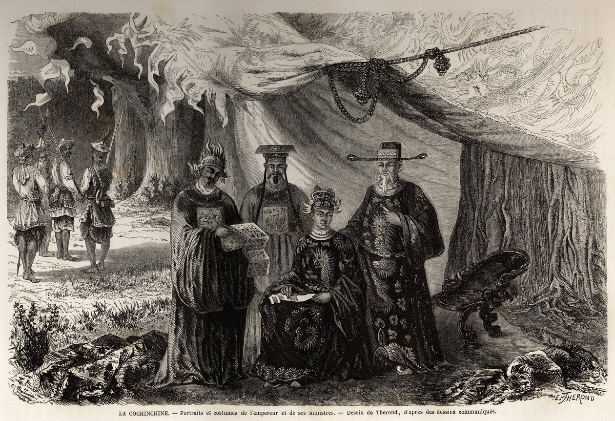 Porträtt och kostymer av kejsaren av Annam och hans ministrar, Cochinchine, teckning av Therond, för att illustrera en unik korrespondens med Cochinchine 1859. Gravyr i "" Le tour du monde, nouveau journal des voyages"" Paris av Emile Theodore Therond