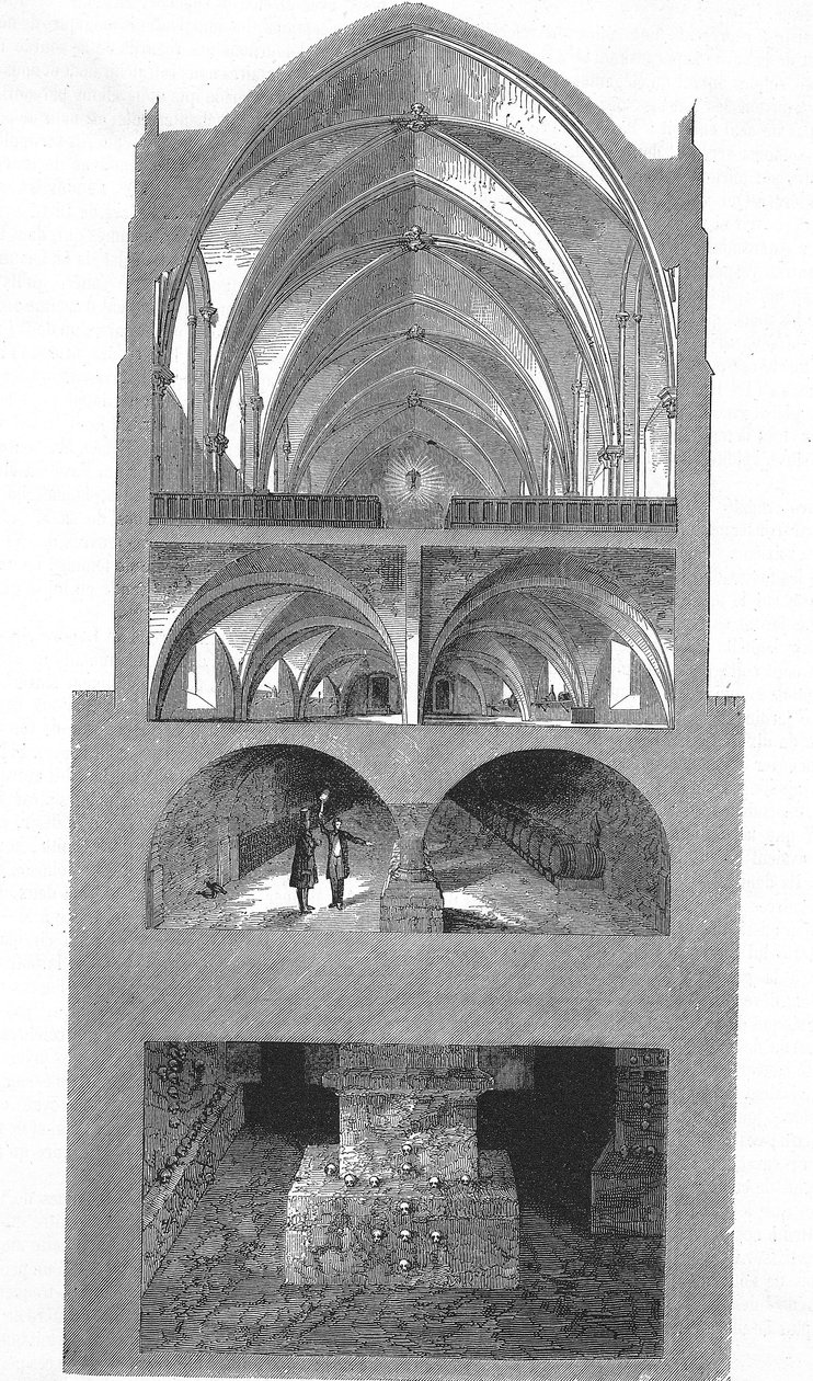 Sektionsvy av köket, källarna och katakomberna i Napoleons gymnasieskola i Paris (gravyr) av Emile Theodore Therond