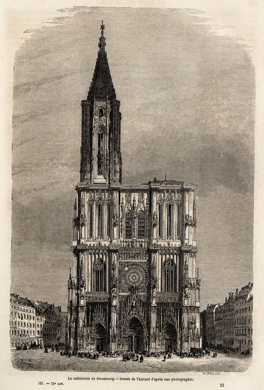 Fasaden på katedralen i Strasbourg, teckning av Therond, för att illustrera Victor Duruys resa från Paris till Bukarest 1860. Gravyr i ”” Le tour du monde”” 1861. Selvas samling. av Emile Theodore Therond