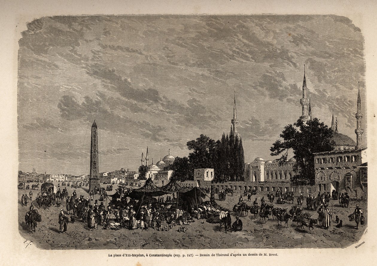 Ett Meydan torget, Konstantinopel (nuvarande Istamboul, Turkiet), teckning av Therond, för att illustrera studien om turkiska kvinnor, från 1862, av F.Jerusalemy. Gravyr i "" Le tour du monde"", redigerad av Edouard Charton av Emile Theodore Therond