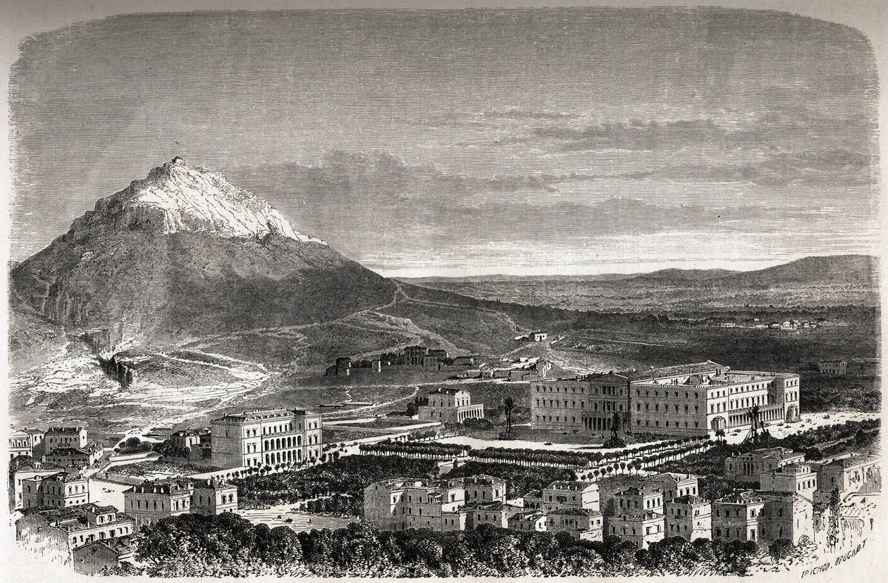 Utsikt över Athens Grekland, teckning av Therond, för att illustrera historien om M.A.Proust, en vinter i Aten av Emile Theodore Therond