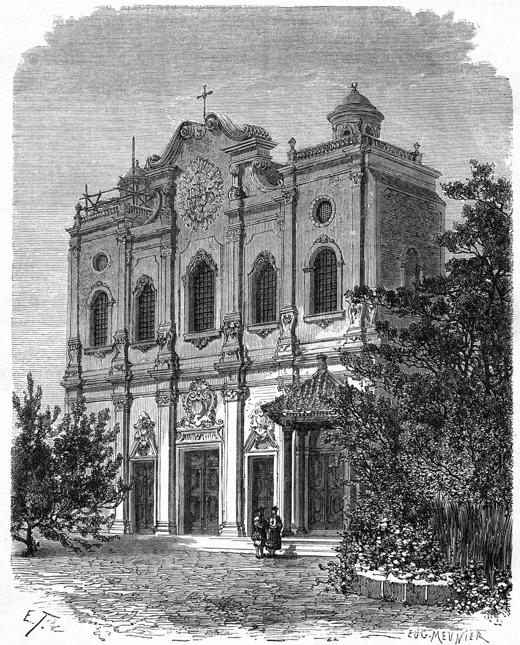 Utsikt över fasaden av katedralen i Nantang, byggd på platsen för Matteo Riccis hus (1552-1610), katolicismens fader i Kina. Gravyr efter teckning av Therond, i "" Le Tour du Monde, Nouveau journal des Voyages", redigerad av Edouard Chart av Emile Theodore Therond