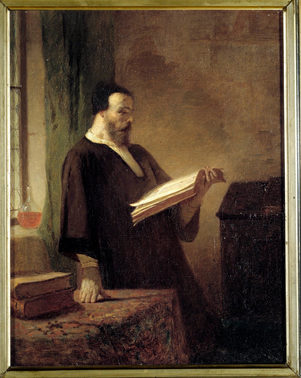 En bibliofil En man som läser en bok. Målning av Emile Vaude (1819-1884) Troyes Museum of Fine Arts från 1800-talet av Emile Vaude