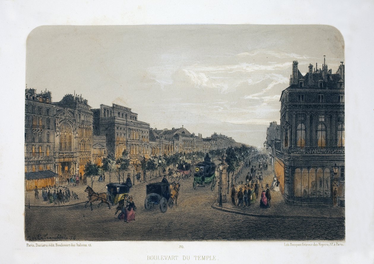 Boulevard du Temple, Paris. Litografi akvarell, illustration av E.de la Tramblaiz, i "Album, souvenirs de Paris", Daziaro-redaktör, Paris av Emile de la Tramblais