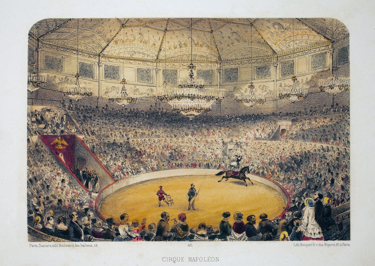 Cirque Napoleon (nuvarande vintercirkus, rue Amelot, Paris). Litografi akvarell, illustration av E.de la Tramblaiz, i "Album, souvenirs de Paris", Daziaro-redaktör, Paris av Emile de la Tramblais