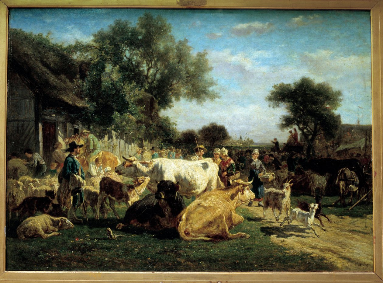Village Fair Betailmässan. Målning av Emile Van Marck (1827-1890) 1800-talets Clermont Ferrand (Clermont-Ferrand). Fyndmuseum av Emile van Marcke de Lummen