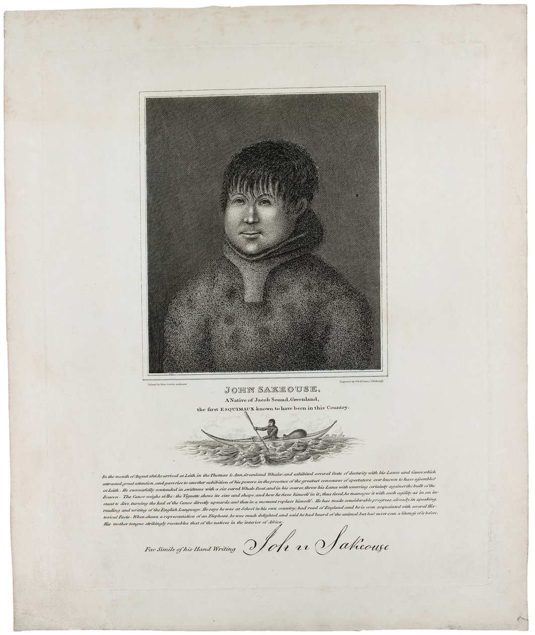John Sakeouse, infödd i Jacob Sound, Grönland, den första Esquimaux som man vet hade varit i detta land, 1816 av Emilia Anderson