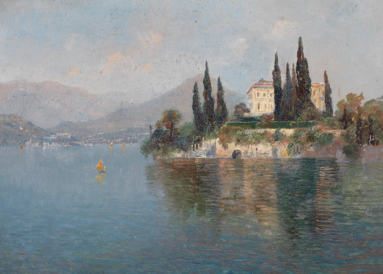 Blick auf die Villa Cipressi, Varenna, Comer See av Emilie Mediz Pelikan