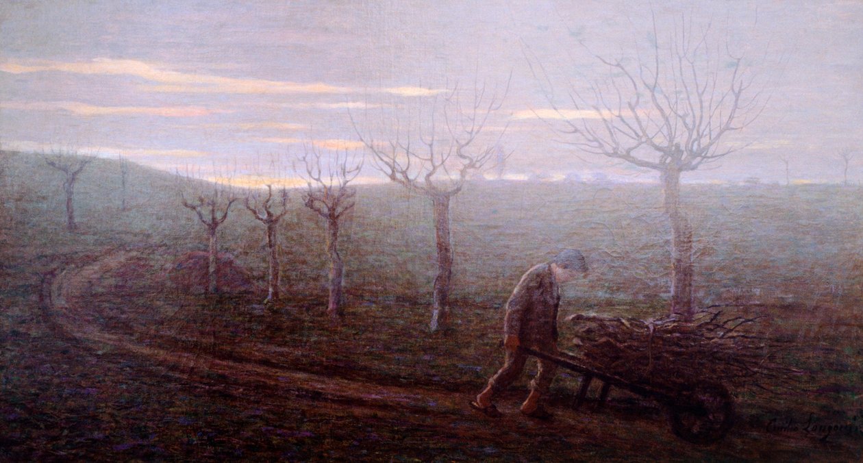 Återvänder från skogen, Emilio Longoni (1859-1932), olja på duk, 67x120 cm av Emilio Longoni