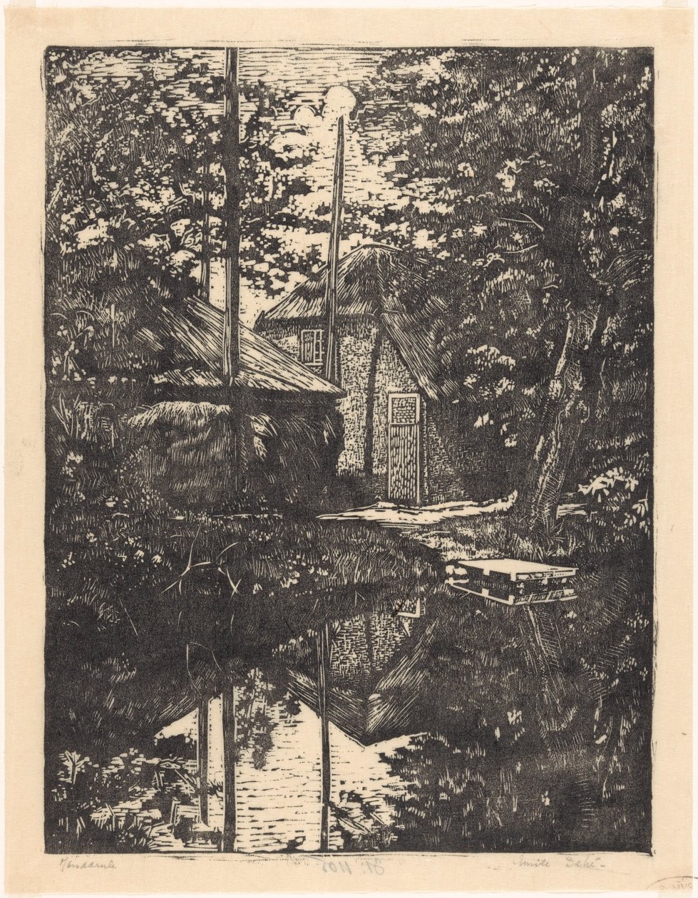 Gård och hölada vid vattnet av Emilius Wilhelmus Dehé (signed by artist)