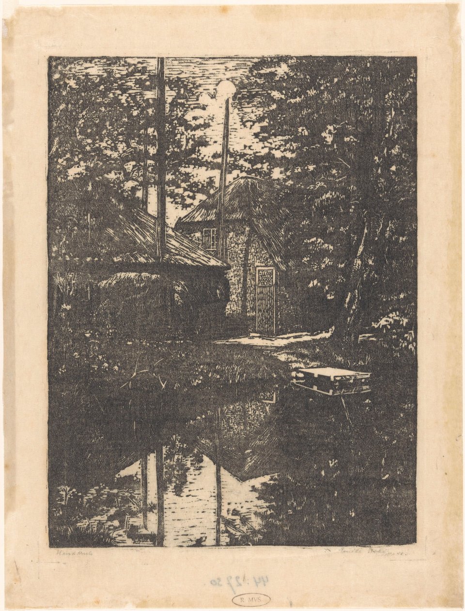 Gård och hölada vid vattnet av Emilius Wilhelmus Dehé (signed by artist)
