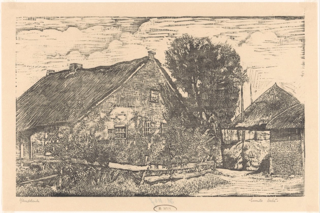 Gård med hölada av Emilius Wilhelmus Dehé (signed by artist)