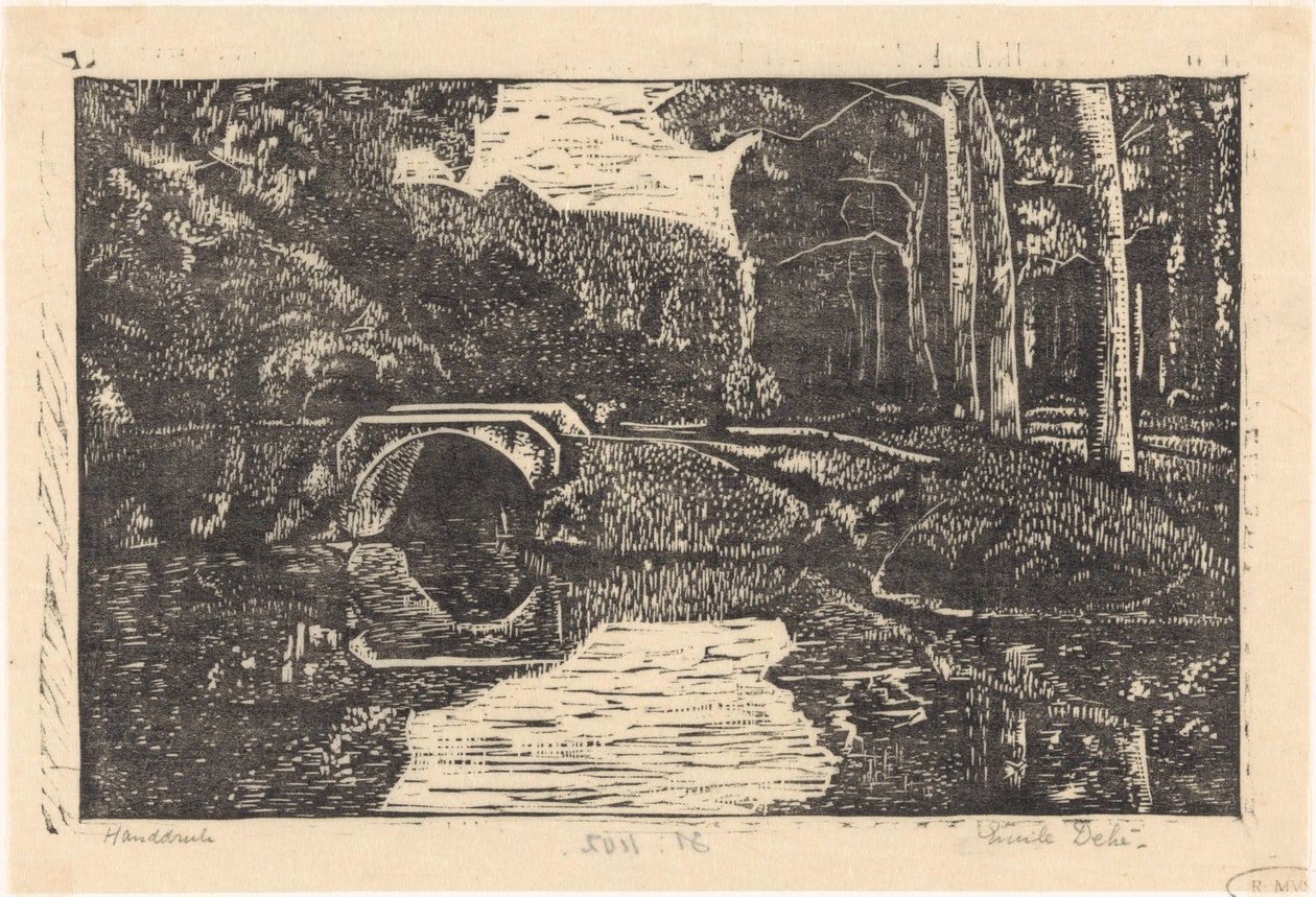 Bro över en kanal i en skog av Emilius Wilhelmus Dehé (signed by artist)