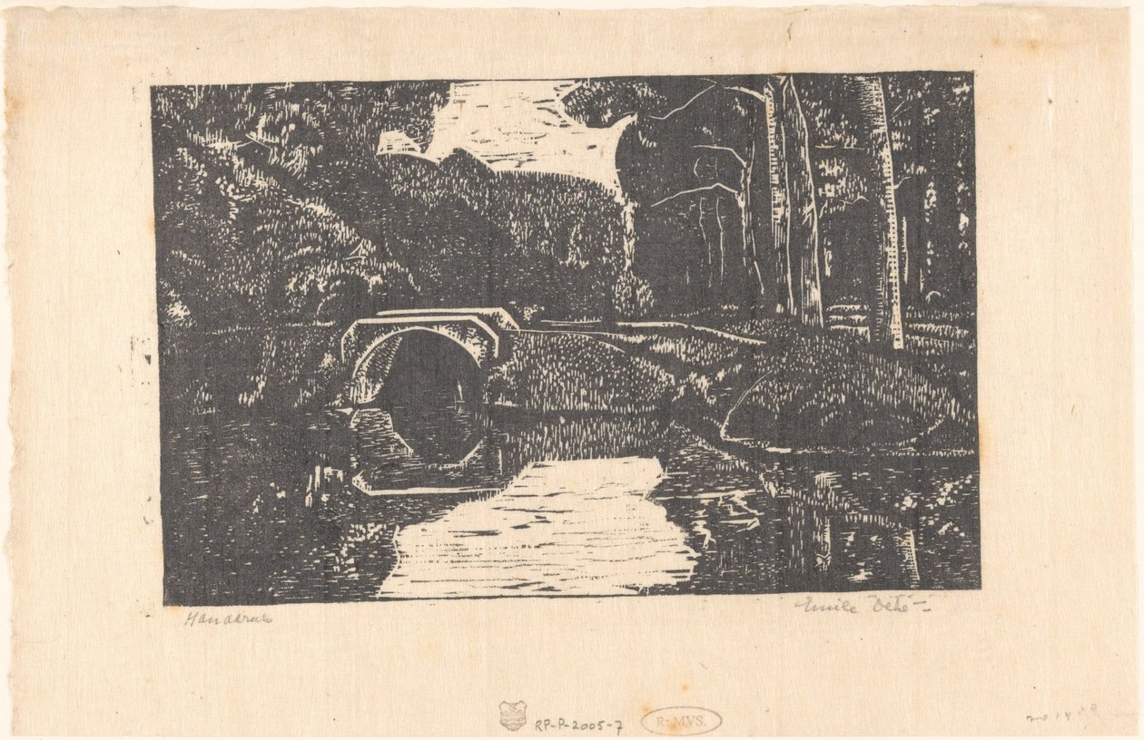 Bro över en kanal i en skog av Emilius Wilhelmus Dehé (signed by artist)