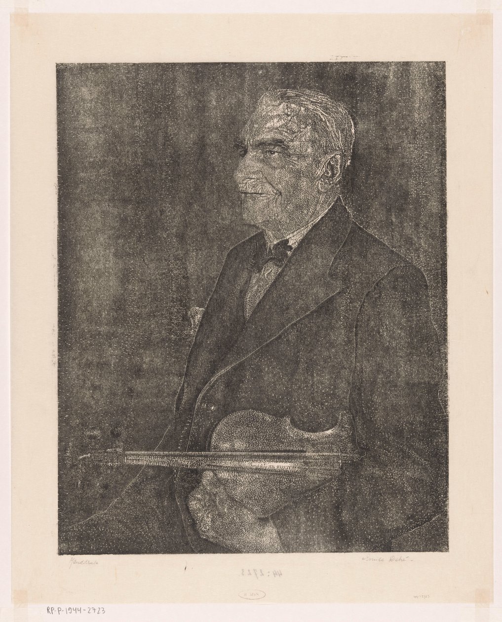 Porträtt av konstnärens far med fiol av Emilius Wilhelmus Dehé (signed by artist)