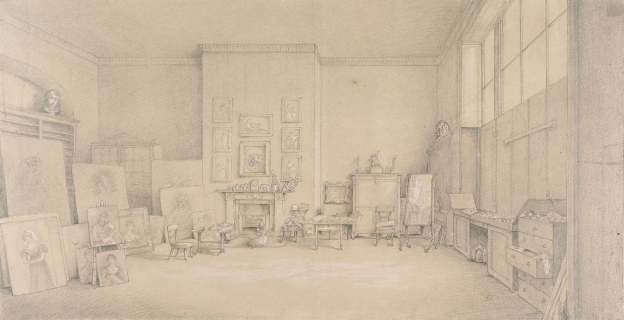Sir Thomas Lawrences studio; 65 Russell Square, London, 1824 (penna, förhöjd med inslag av vitt på buff papper) av Emily Calmady