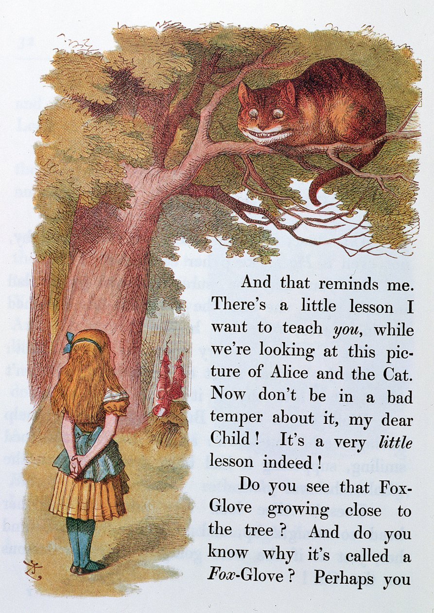 Alice and the Cheshire Cat, illustration från "Alice in Wonderland", publicerad i London, 1889 av Emily Gertrude Thomson