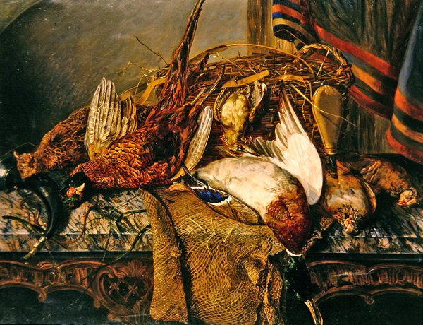 Stilleben med fasaner på ett marmorbord, ca 1850 (olja på duk) av Emily Stannard