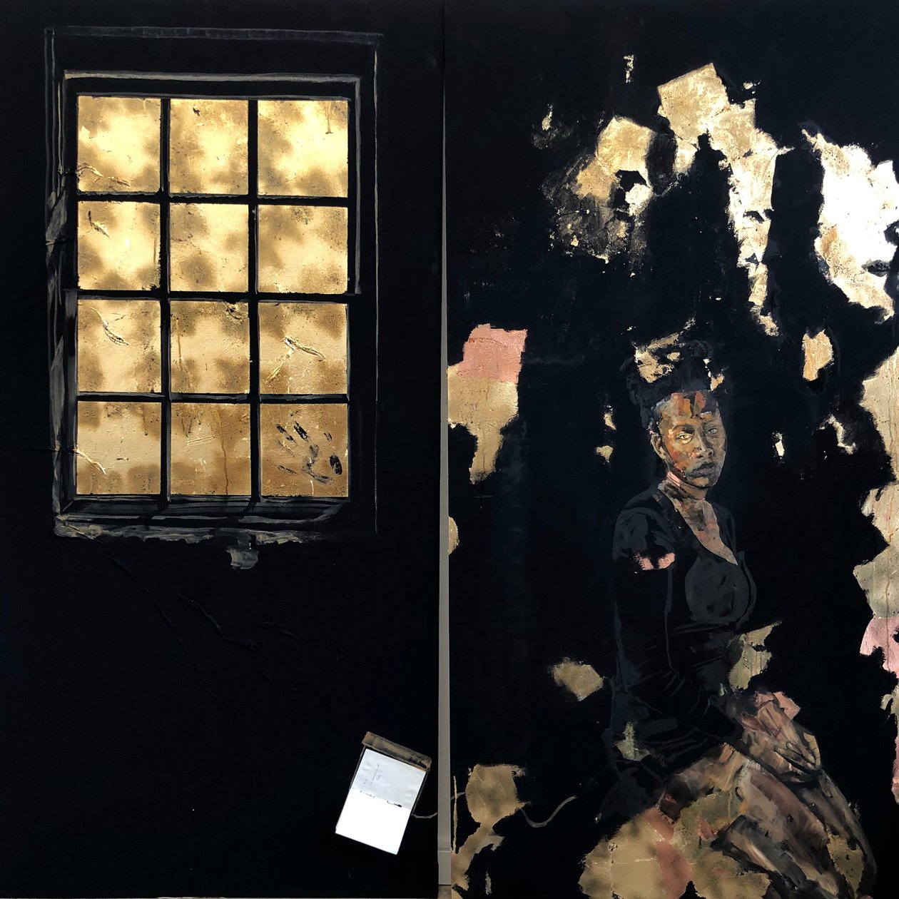 Limbo Diptych, 2021 (olja, akryl, värmeöverföringstryck och bladguldimitation) av Emma Prempeh