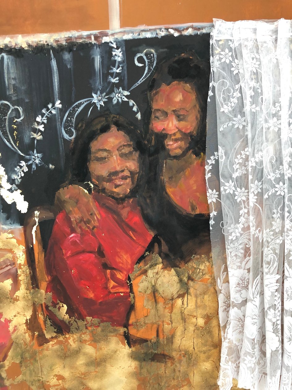 Matrilineality, 2019, Olja, akryl, tyg, tryck och imitation av bladguld på duk av Emma Prempeh