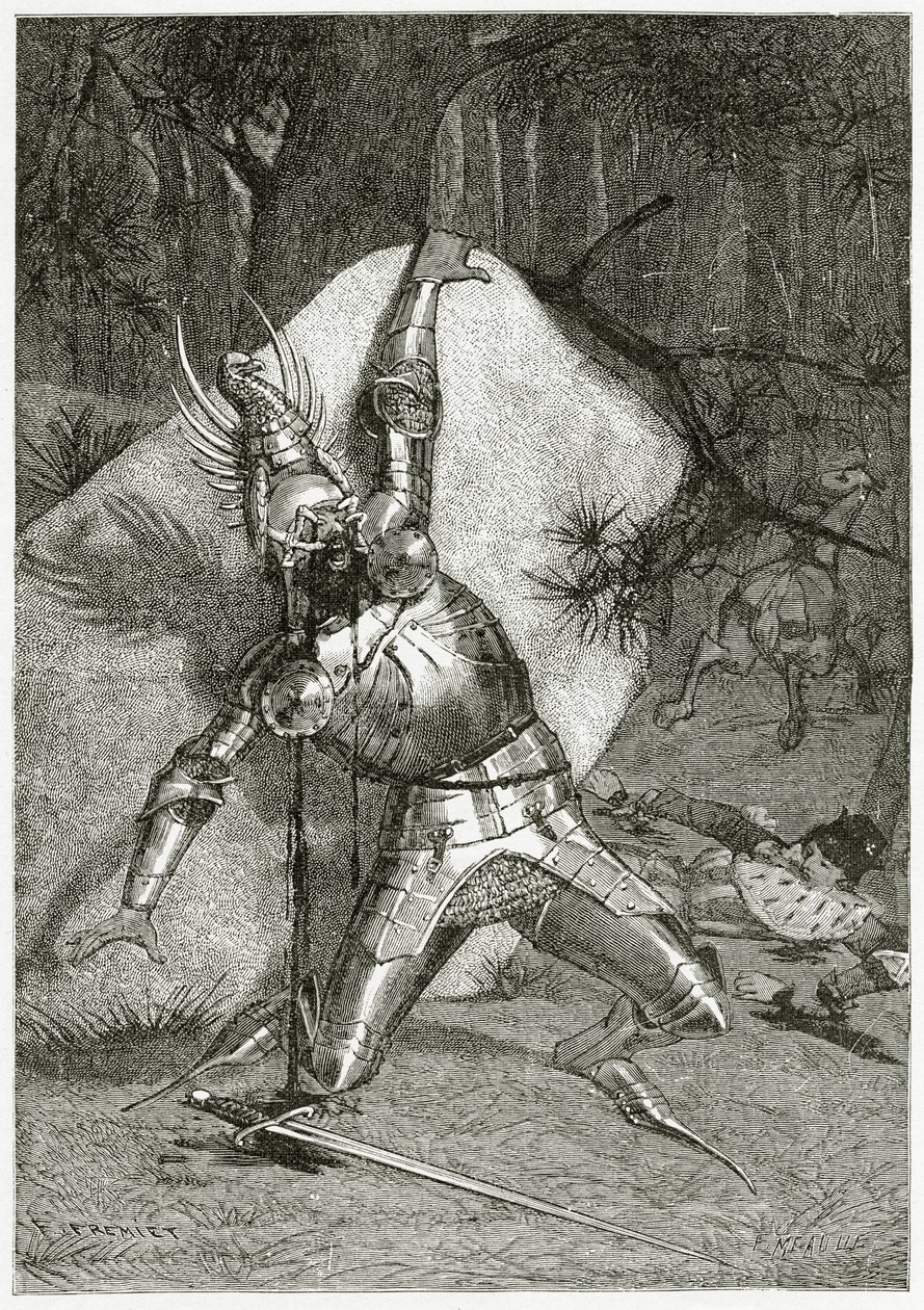 Tiphaine förblindad av sin bronsörn, 1800-talet (bw-gravyr) av Emmanuel Fremiet