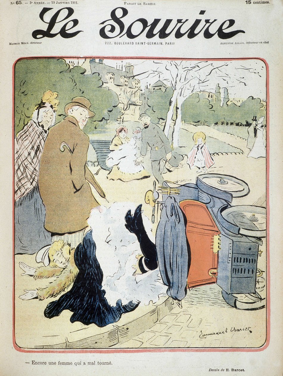 Bilolycka: "En annan kvinna som går fel."" Illustration av Emmanuel Barcet (1870-1940) - i "" Le Smile"" från 1901-01-19 av Emmanuel Barcet
