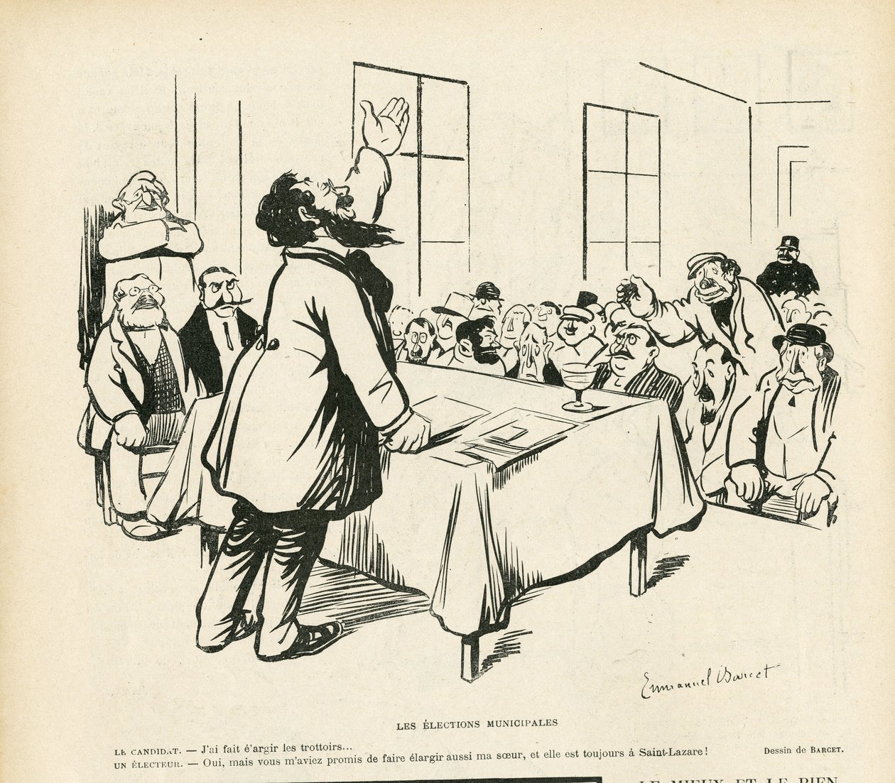 Illustration av Emmanuel Barcet (1870-1940) i Le Rire, 09/05/08 - Kommunalval - Val, Politiskt möte, möte, valmöte, kommunala val av Emmanuel Barcet