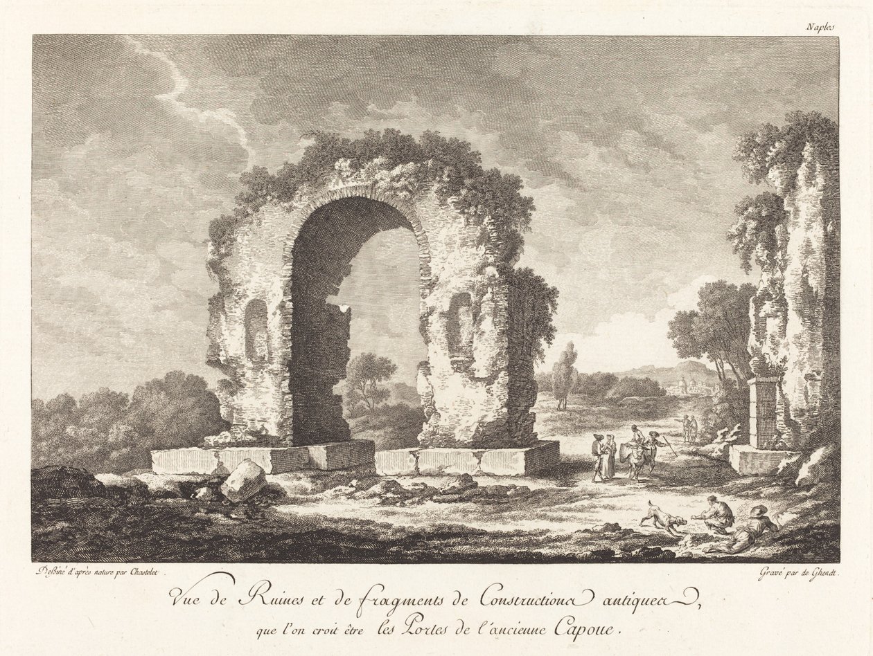 Vy över ruiner och fragment av forntida konstruktion... av forntida Capua av Emmanuel Jean Nepomucène de Ghendt after Claude Louis Châtelet