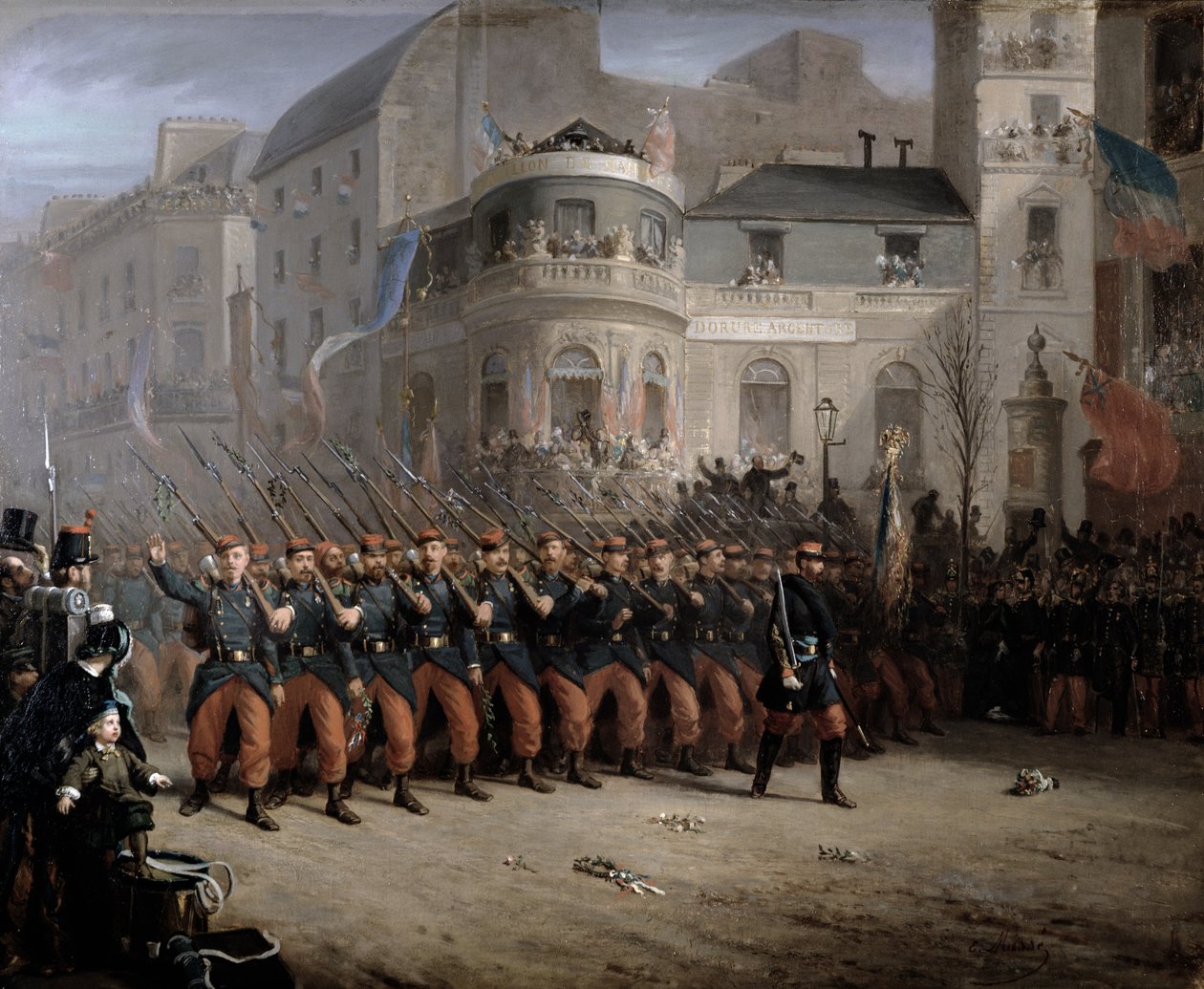 Truppernas återkomst till Paris från Krim, Boulevard des Italiens, framför Hannover-paviljongen, december 1855 av Emmanuel Masse