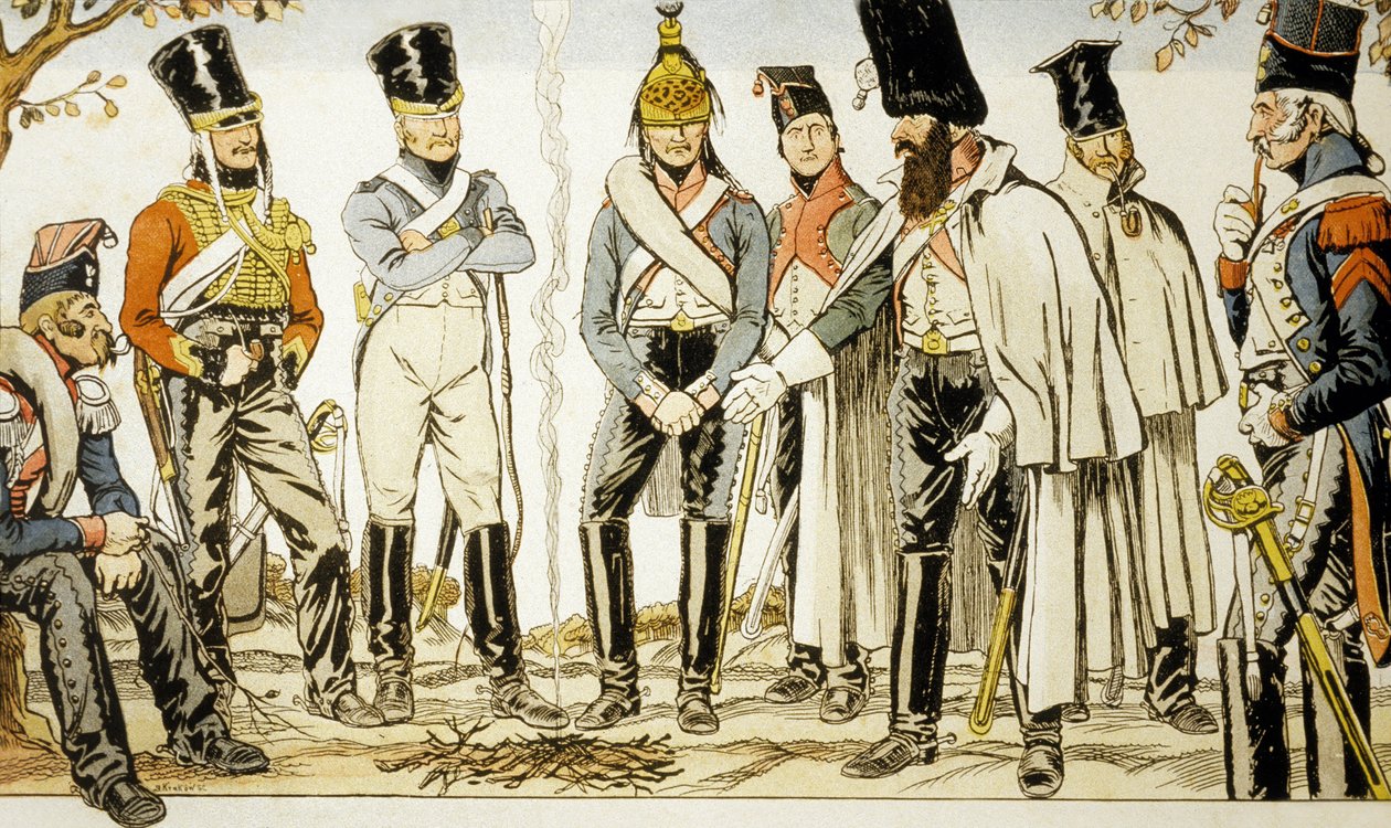 Armee Francaise 1810 från vänster till höger häst-leger-lancier Houzard-ryttare Dutrain Drake av Emmanuel Poire Caran D