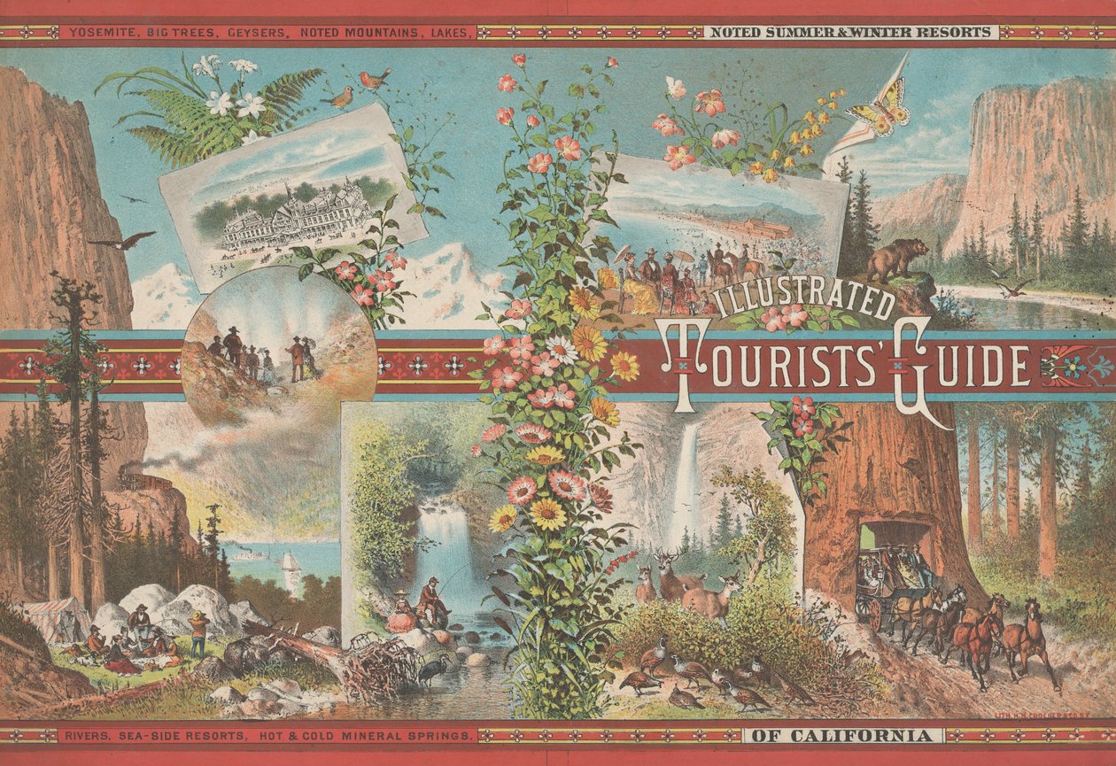 Bokomslag till en illustrerad turistguide över kända sommar- och vinterresorter i Cali..., ca. 1870-80. av Emmanuel Wyttenbach