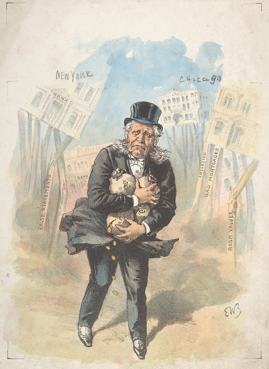 Man håller i pengapåsar medan banker kollapsar, sent 1800-tidigt 1900-tal. av Emmanuel Wyttenbach