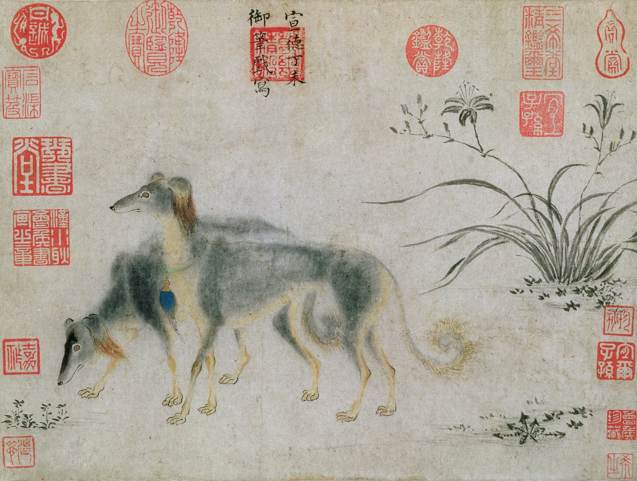 Two Saluki Hounds, 1427 (bläck på papper) av Emperor Hsuan tsung