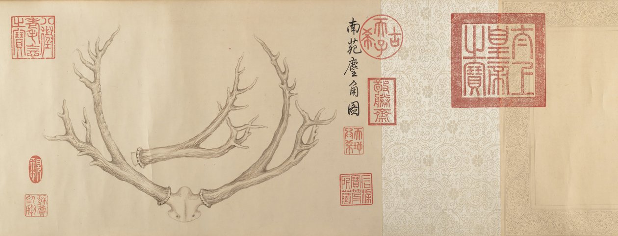 Två målningar av hjorthorn, daterade 1762 och 1767. av Emperor Qianlong