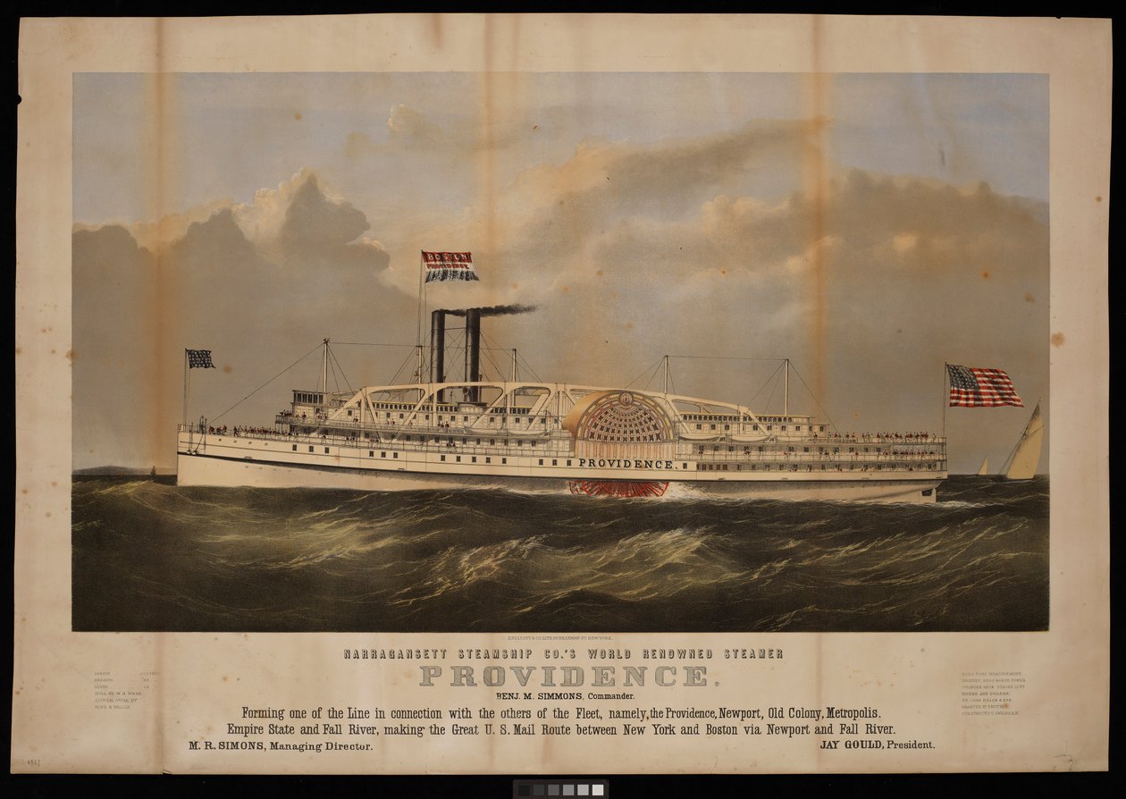 Narragansett Steamship Co:s världsberömda ångare Providence Benj M Simmons. Befälhavare... (litografi) av Endicott Endicott