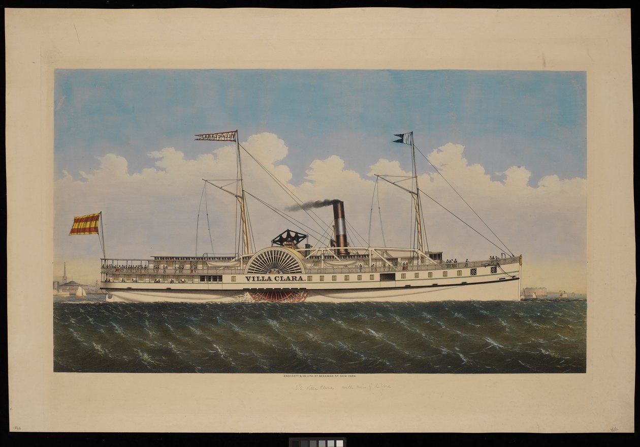 S.S. Villa Clara med utsikt över New York (litografi, färglagd) av Endicott Endicott