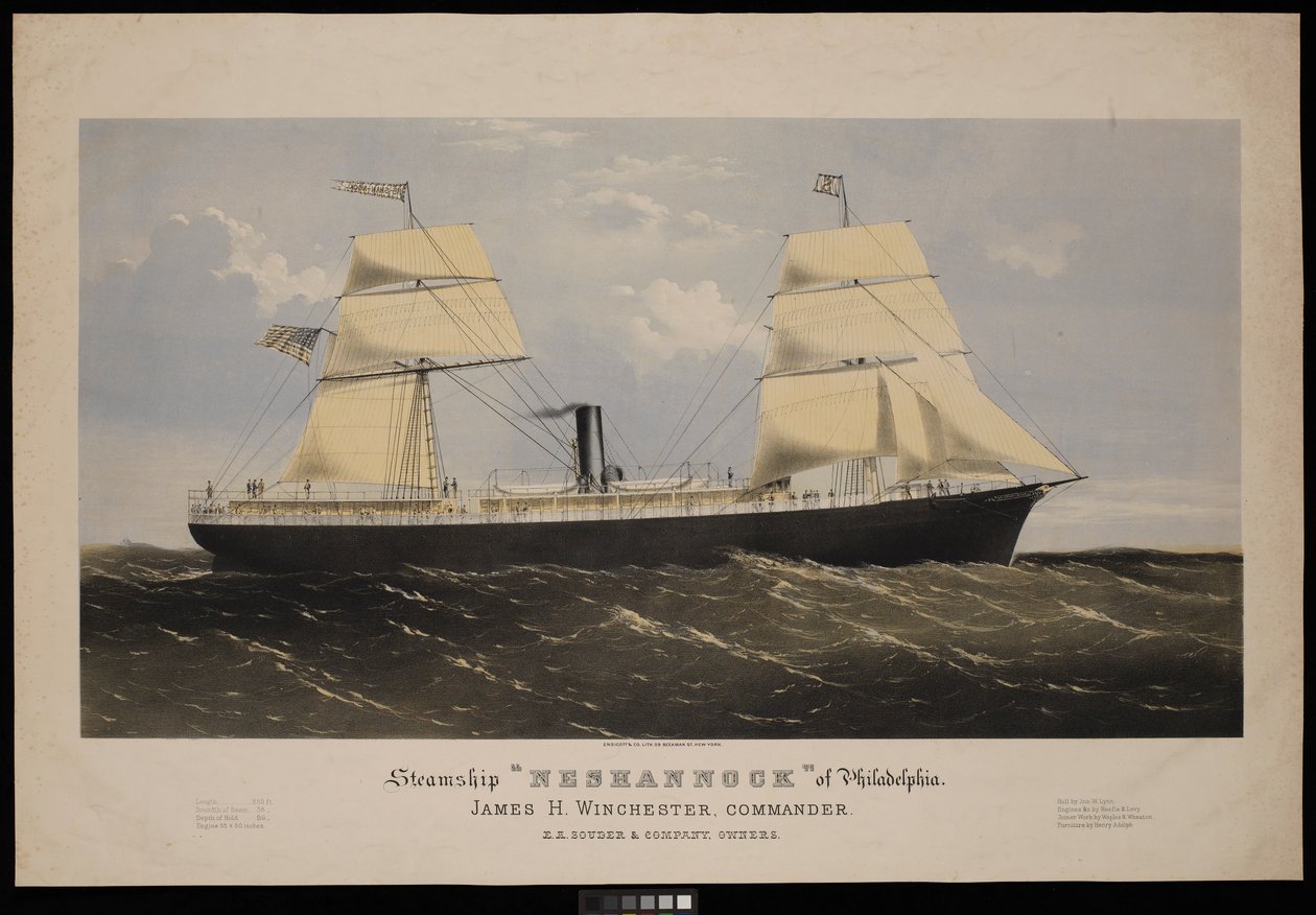 Ångfartyget Neshannock från Philadelphia. James H Winchester, befälhavare. E A Souder  Company, ägare (litografi, färglagd) av Endicott Endicott