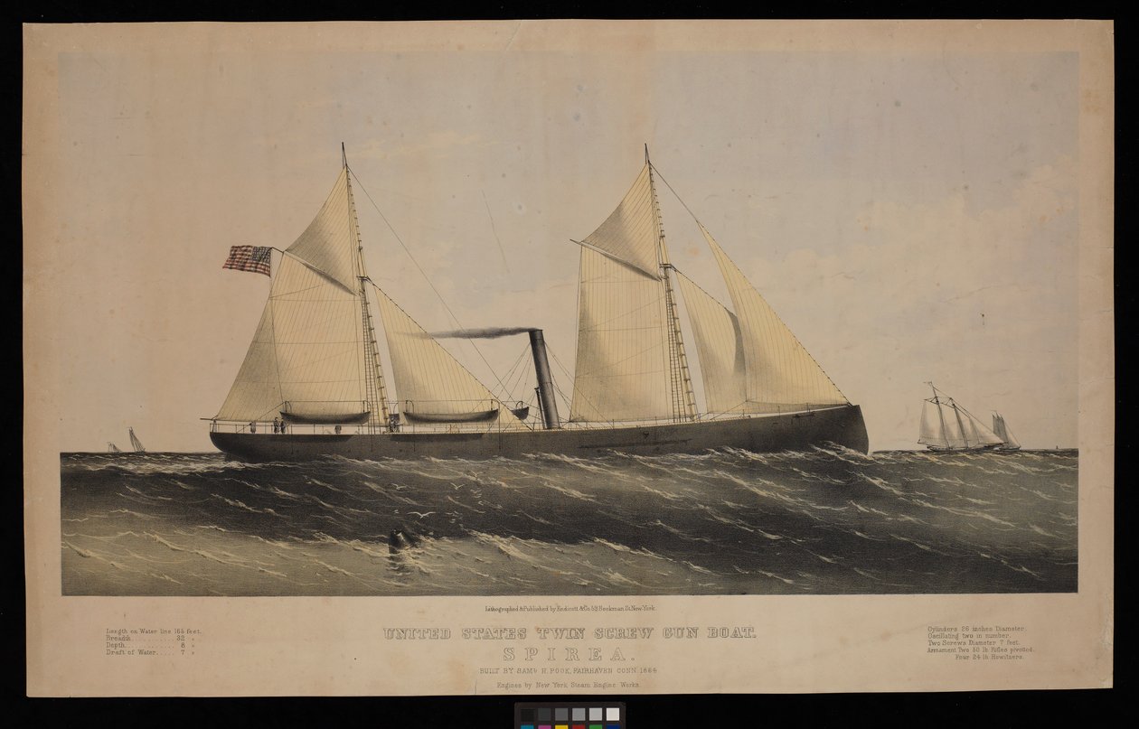 Amerikansk båt med två skruvkanoner. Spirea. Byggd av Saml H Pouk Fairhaven Conn. 1864... (litografi, färglagd) av Endicott Endicott