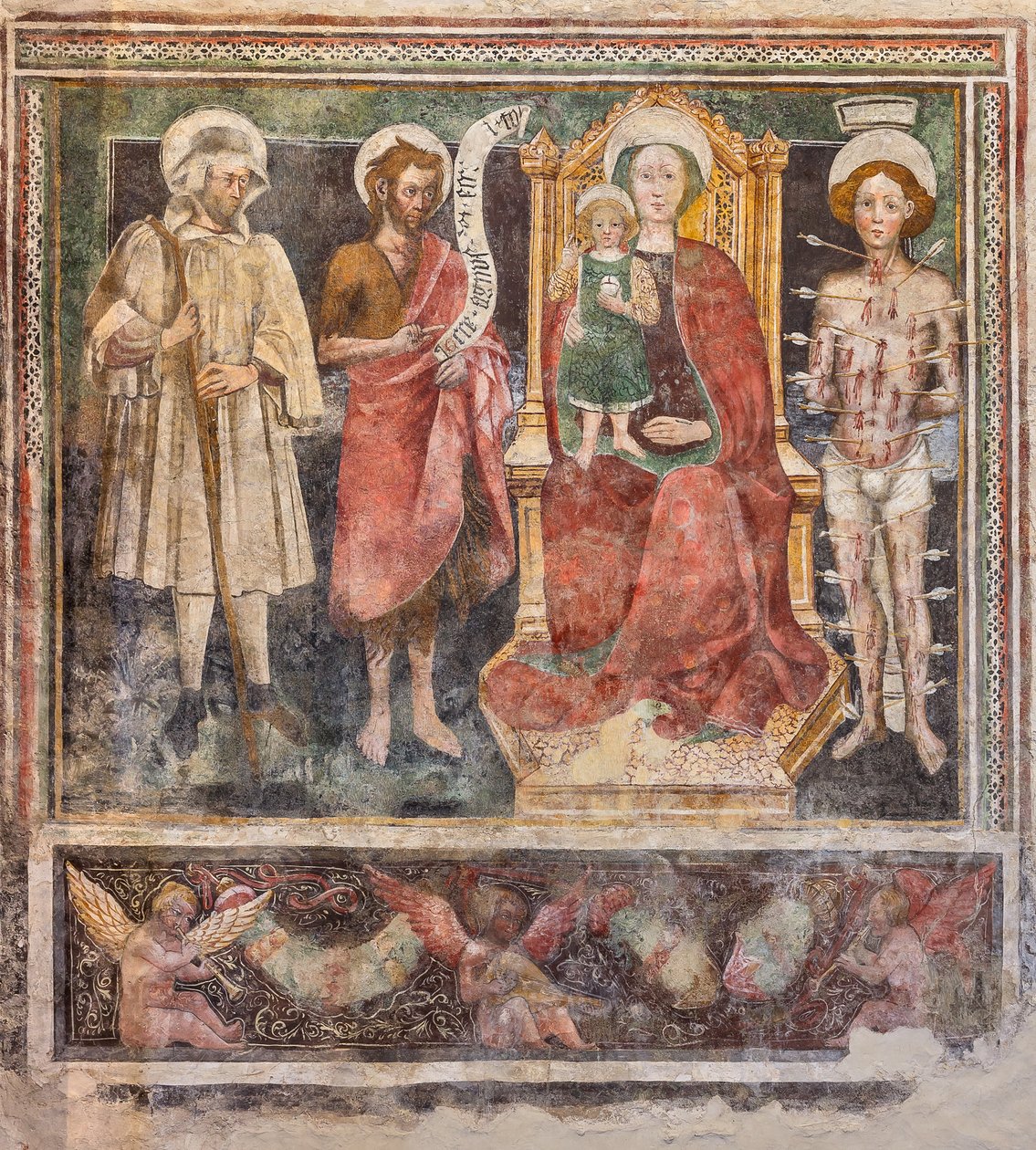 Madonna del Rosario och helgon, högra väggen i långhuset (fresk) av Enea Salmeggia