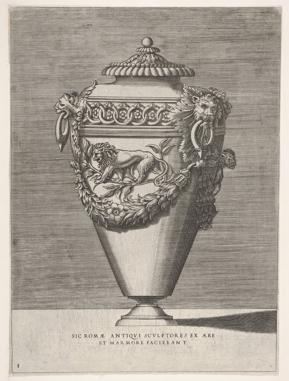 Antik urna med lock dekorerad med ett motiv av diamantringar och lejon, från vaser ..., 1543 eller senare. av Enea Vico