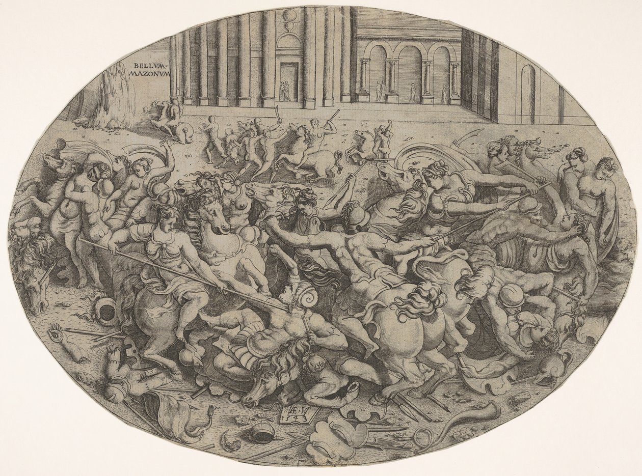 Strid mellan amasoner och män framför arkitektoniska arkader, en oval komposition med..., 1543. av Enea Vico